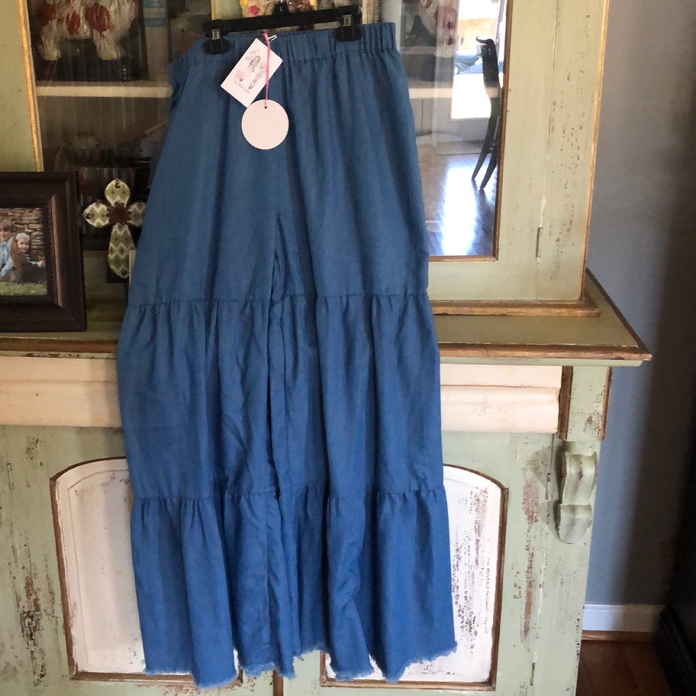 Umgee blue denim ruffle pants large NWT